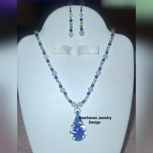 Handmade Stone & Glass Teardrop Necklace and Earring Set